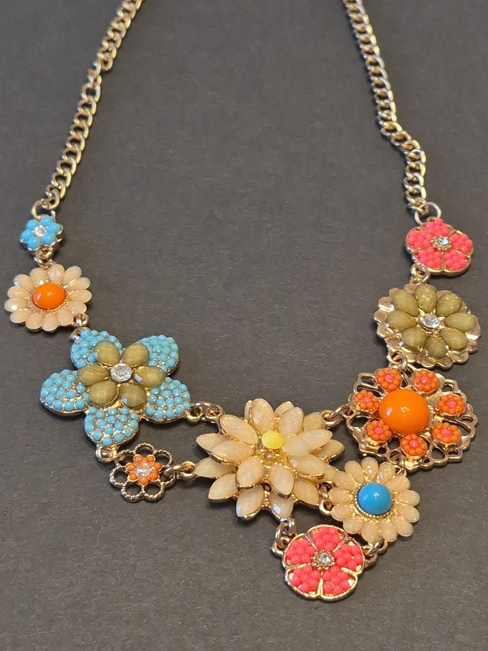 Colorful Floral Statement Necklace in Cream, Blue & Coral